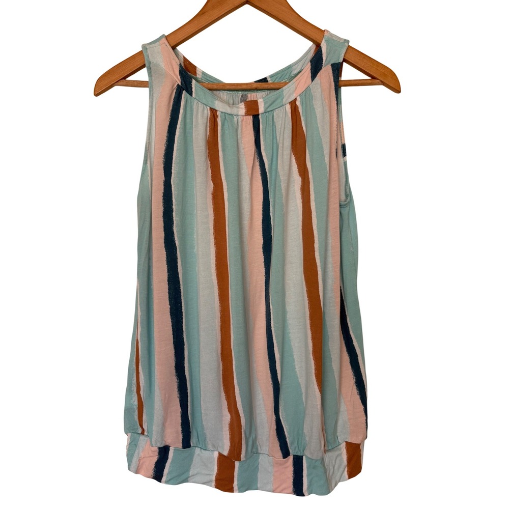 Loft Outlet Coastal Cottage Sleeveless Striped Blouse Teal Peach Rayon Top M